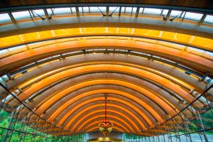 Close up of the golden arches in the ceiling of Eleven Restaurant.