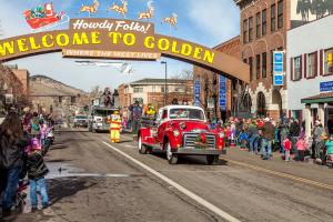 Vintage Truck on Street During Olde Golden Christmas Holiday Parade