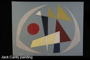 Painting by Jack Canty. It has a blue background with abstract shapes of circles and triangles in yellows and reds.