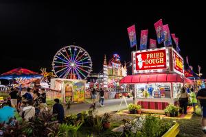 Night view of midway rides and eateries at Prince William County Fair 2017