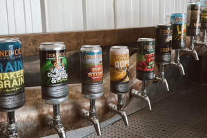 A row of Stonepicker Brewing Company beer cans mounted above tap handles, featuring a variety of craft beer labels.