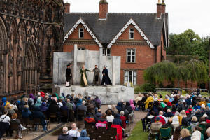 The Lord Chamberlain's Men perform Shakespeare on a stage in front of Lichfield Cathedral, Staffordshire