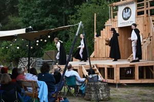 A side view of the audience and performers on stage at Bolton Gate Farm, Staffordshire