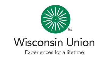 Wisconsin Union logo. A green circle inspired by the terrace sunburst chair graphic image. Wisconsin Union, Experiences for a lifetime is written underneath