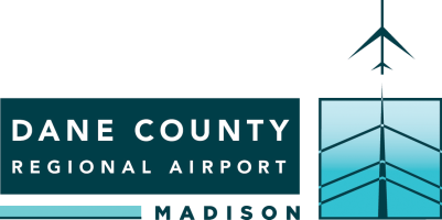Dane County Regional Airport logo. A graphic image of an airplane flying upward from a rectangle abstracted runway image. To the left of the image reads Dane County Regional Airport Madison