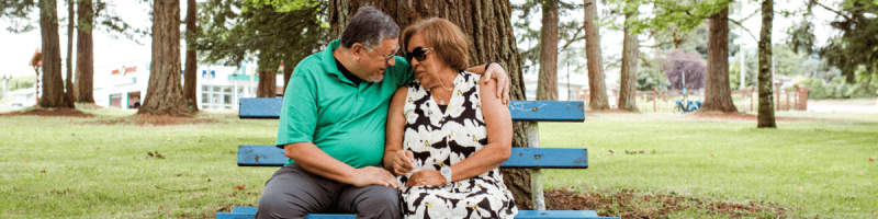 elderly couple sitting on a bench