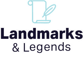 Paper and quill. Text reading "Landmarks &Legends".