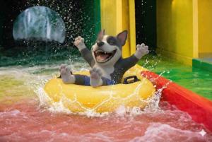 Staffy taking a waterslide at Waterworld