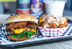 Burger and side at Malibus Burger Vegan Restuarant in Oakland California