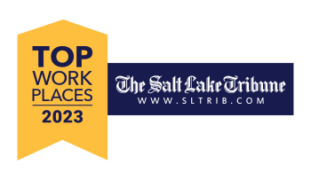 Yellow Ribbon with the words Top Work Places 2023 with a blue bar that says The Salt Lake Tribune