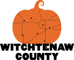 Logo for Witchtenaw County, with orange pumpkin with map on it
