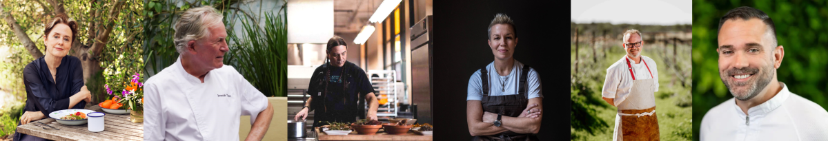 Photos of the Terra Madre Americas Culinary Lineup. From left to right: Andrew Zimmern, Alice Waters, Jeremiah Tower, Elizabeth Falkner, Drew Deckman, and Matthew Beaudin.