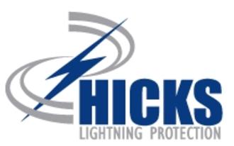 Silver and blue logo reading "Hicks Lightning Protection." On the left hand side is a blue lightning bold with silver swirls around it.