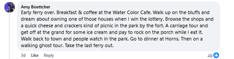 Facebook response to 1-Day Mackinac Island Itinerary, Water Color Cafe