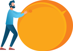 Illustration of a visitor pushing a giant cheese wheel