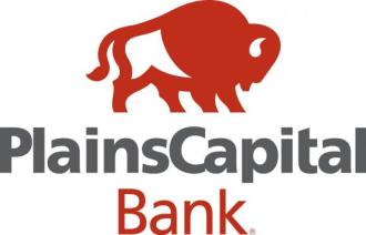 Red and gray logo that reads "PlainsCapital Bank" underneath a red outline drawing of a buffalo.