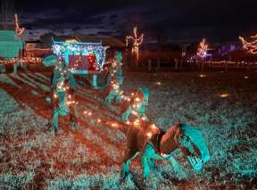 A Christmas sleigh looks like it is being pulled by animatronic dinosaurs during the Holly Jolly Jurassic Holiday event at Field Station: Dinosaurs