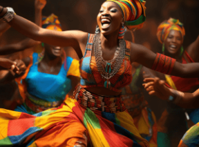 A woman dances in African attire during a performance at an outdoor holiday market