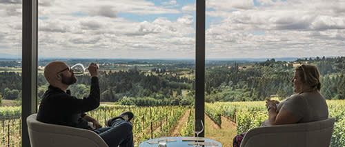 man and woman drinking wine with a vineyard shown through a floor to ceiling window