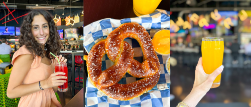 a collage of three photos: 1: a young girl holding a pink mocktail. 2: A German soft pretzel. 3: An orange seltzer