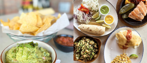 A colorful assortment of Mexican dishes on plates.