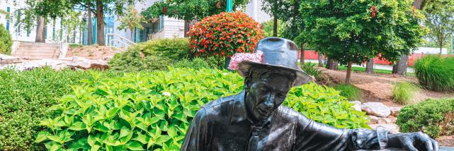 Hoagy Carmichael statue with a flower tucked behind his ear