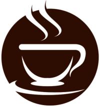 black circle with coffee cup, dish, and steam depicted by white negative space