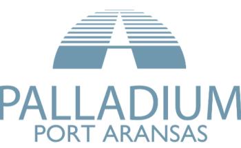 Light blue logo showing a horizon with a road and sans serif text reading "Palladium Port Aransas"