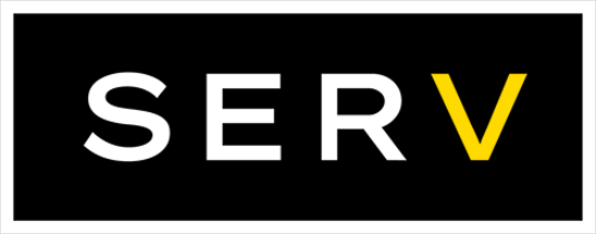 The word SERV spelled out in white and yellow text on a black background.