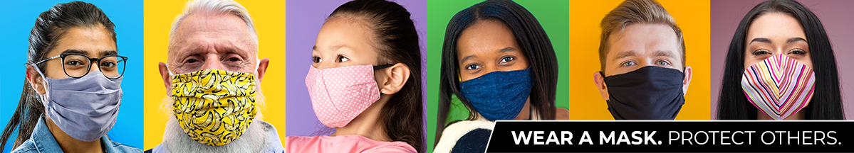 Portraits of Six People Wearing Face Masks With Wear A Mask, Protect Others Text