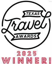 graphic - circle in which it says Texas Travel Awards in black and 2025 Winner underneath