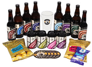 Image shows the beers, snacks and other treats included in Titanic Brewery's Pub in a Box
