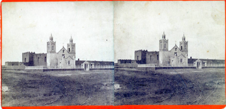 A stereograph of San Felipe de Neri Church from approximately 1874.