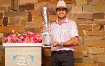 2023 Byron Nelson winner Jason Day with trophy and in cowboy hat from McKinney Hat Company