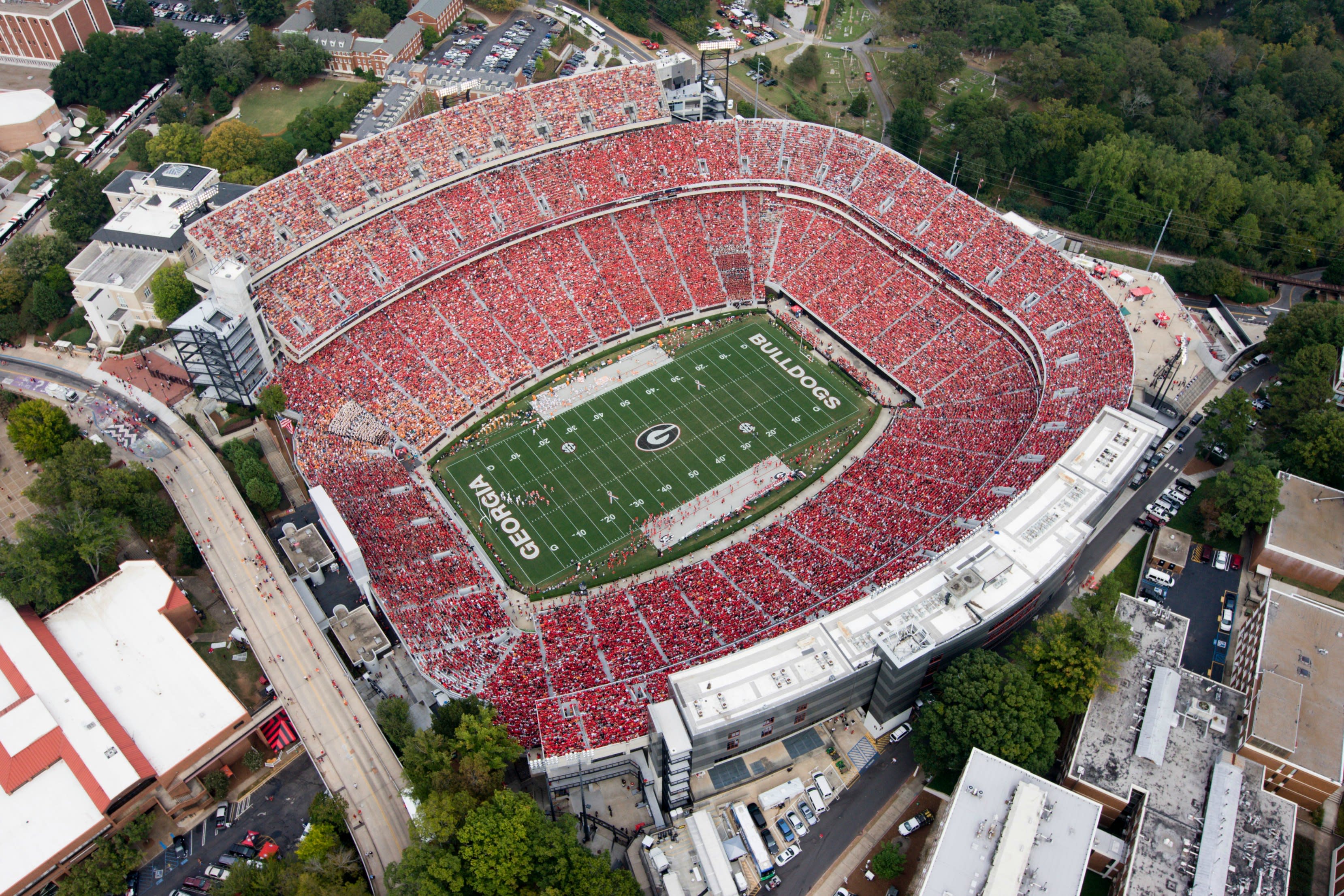 Aerial view of UGA's Sanford Stadium in Athens, Georgia