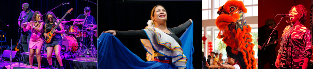 Images of four arts performances: two women playing instruments on stage, one woman dancing, a Chinese dragon dance, a woman singing into a microphone.
