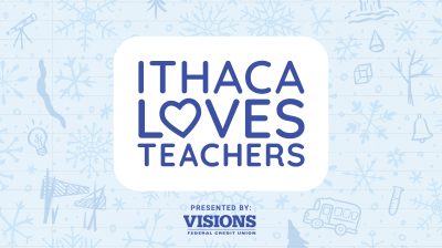 Ithaca Loves Teachers blue and white graphic