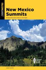 Book cover titled "New Mexico Summits" with a mountain landscape beneath a bright blue sky and fluffy clouds. Text: "40 Best Mountain Hikes."