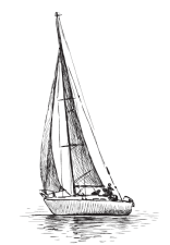 A black-and-white graphic depiction of a sailboat floating on water.