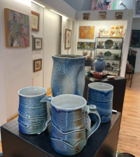 Picture of pottery on display at the Artist & Artisans shop in downtown Lewisburg.