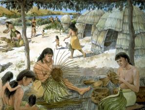 Illustrations of village women weaving baskets in a group setting with children playing.