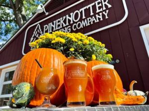 Pictures of autumn beers in glasses sitting beside pumpkins in front of Pineknotter Brewing Company.