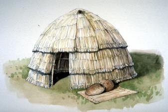 Illustrated tule hut and woven baskets