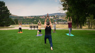 5 people performing a yoga pose in the grass in a Golden park
