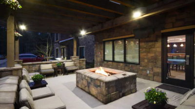A fireplace inside TownePlace Suites hotel lobby in Slidell.