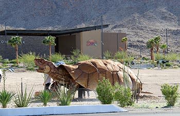 Sculpture of Giant Tortoise Outside of Tortoise Rock Casino