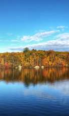 Colorful fall foliage across a reflective pond on a clear day.