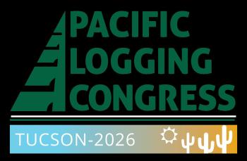 The image features a logo for the "Pacific Logging Congress." The text "PACIFIC LOGGING CONGRESS" is prominently displayed in bold, dark green letters, with the words stacked vertically. To the left of the text is a graphic resembling a stylized pine tree, which is also in green. Below the title, the word "TUCSON-2026" is presented in a lighter blue font, contrasting against a background that transitions from light blue to light beige. To the right of this text, there is a graphic element depicting a sun and two stylized cacti, adding a southwestern theme fitting for Tucson, Arizona.