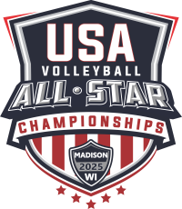 Shield like logo that is navy with red and white stripes with the words "USA Volleyball All Star Championships Madison 2025 WI" with stars on the bottom