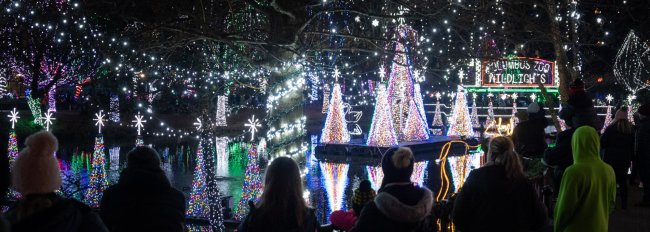 Crowd watching a holiday light show on water at the Columbus Zoo and Aquarium's Wildlights